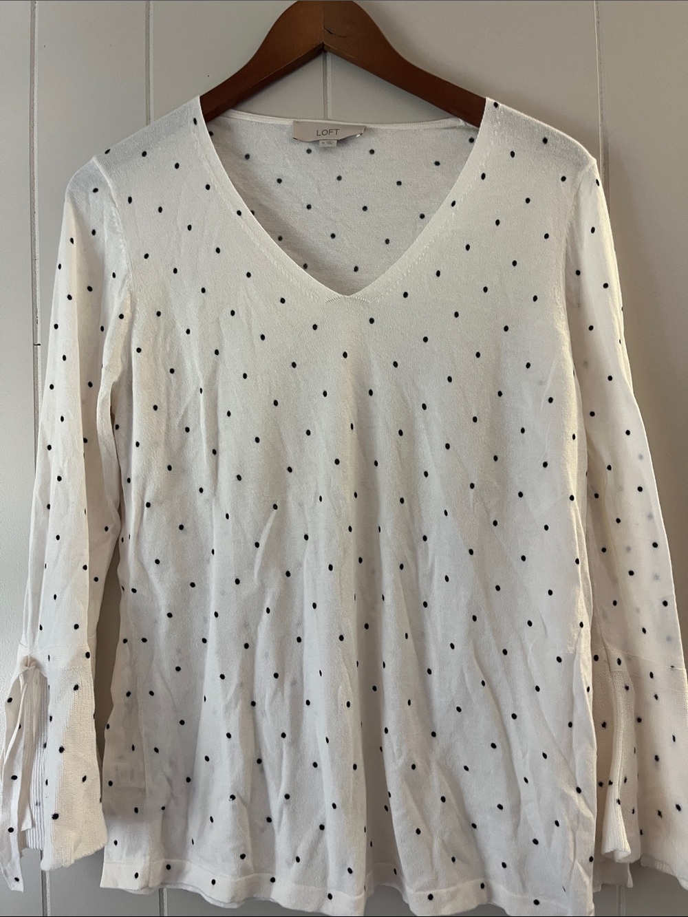 LOFT White Long Sleeve V-Neck Polka Dot Top